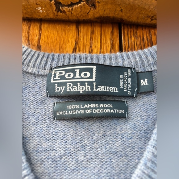 Polo by Ralph Lauren Vneck Italian Yarn 100% Lambs Wool Baby Blue Size M - Picture 8 of 8